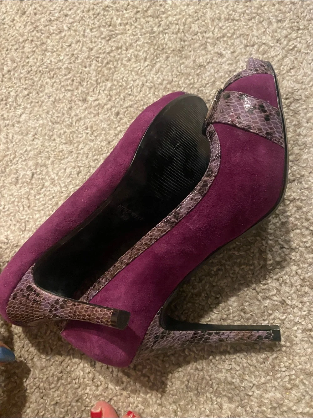 Nine West Purple Suede Peep-Toe Pumps with Snakeskin Accent and Gold Buckle